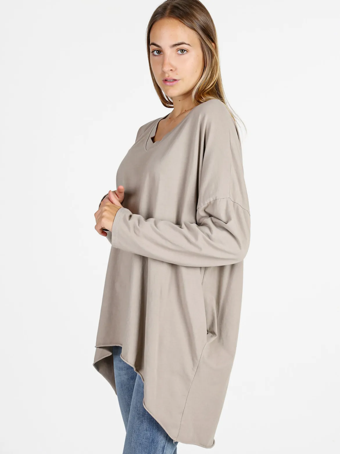 Solada Maxi t-shirt donna in cotone a maniche lunghe - beige