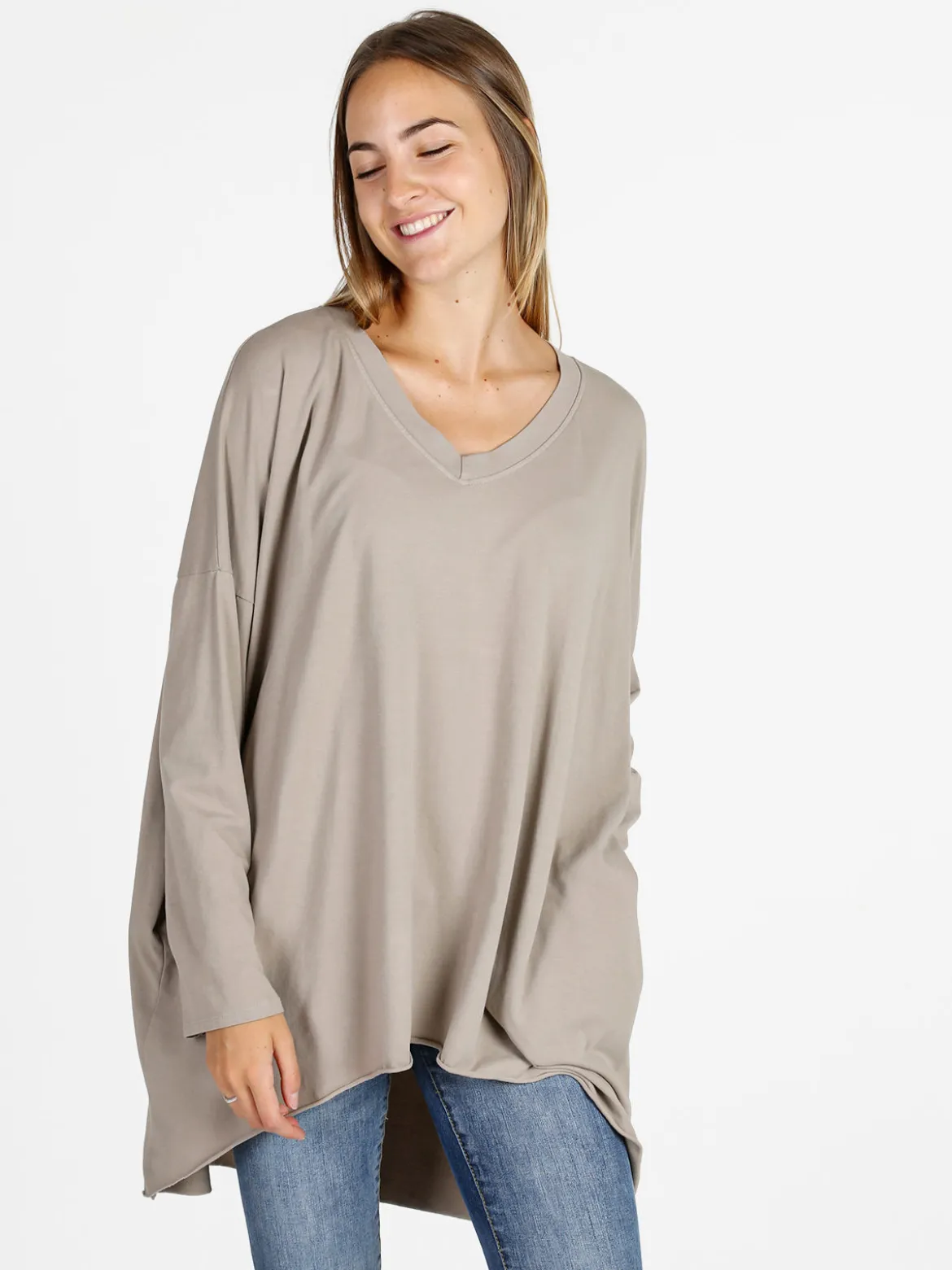 Solada Maxi t-shirt donna in cotone a maniche lunghe - beige