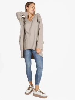 Solada Maxi t-shirt donna in cotone a maniche lunghe - beige