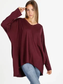 Solada Maxi t-shirt donna in cotone a maniche lunghe - bordeaux