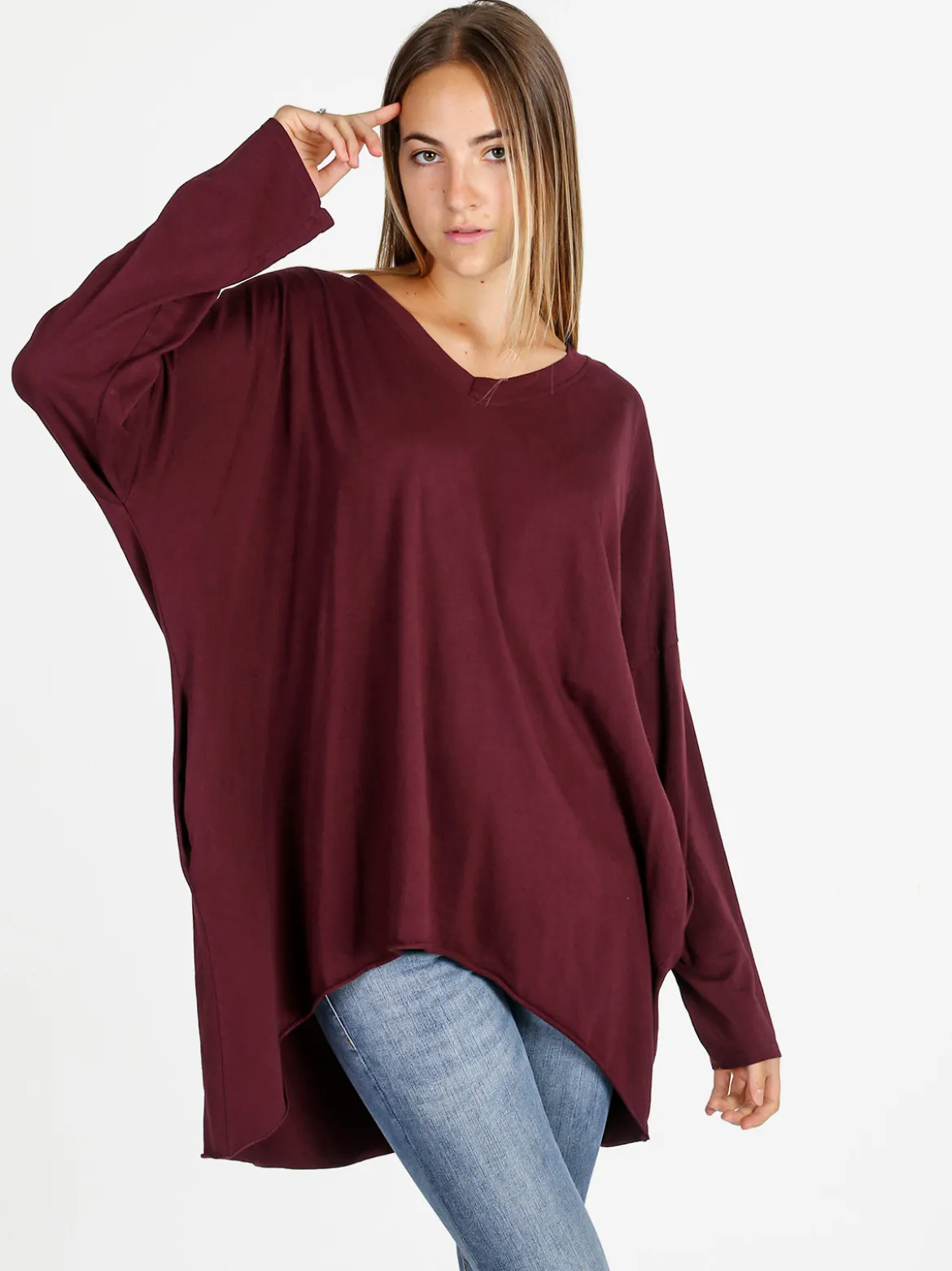 Solada Maxi t-shirt donna in cotone a maniche lunghe - bordeaux