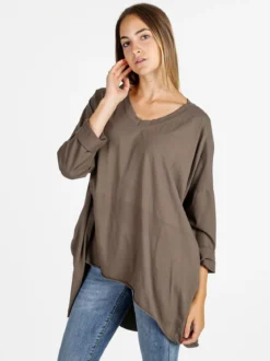 Solada Maxi t-shirt donna in cotone a maniche lunghe - fango