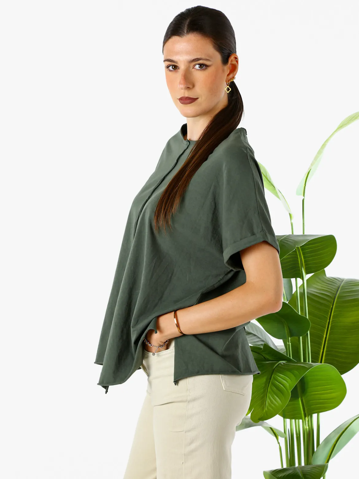 Solada Maxi t-shirt donna in cotone con maniche risvoltate - militare