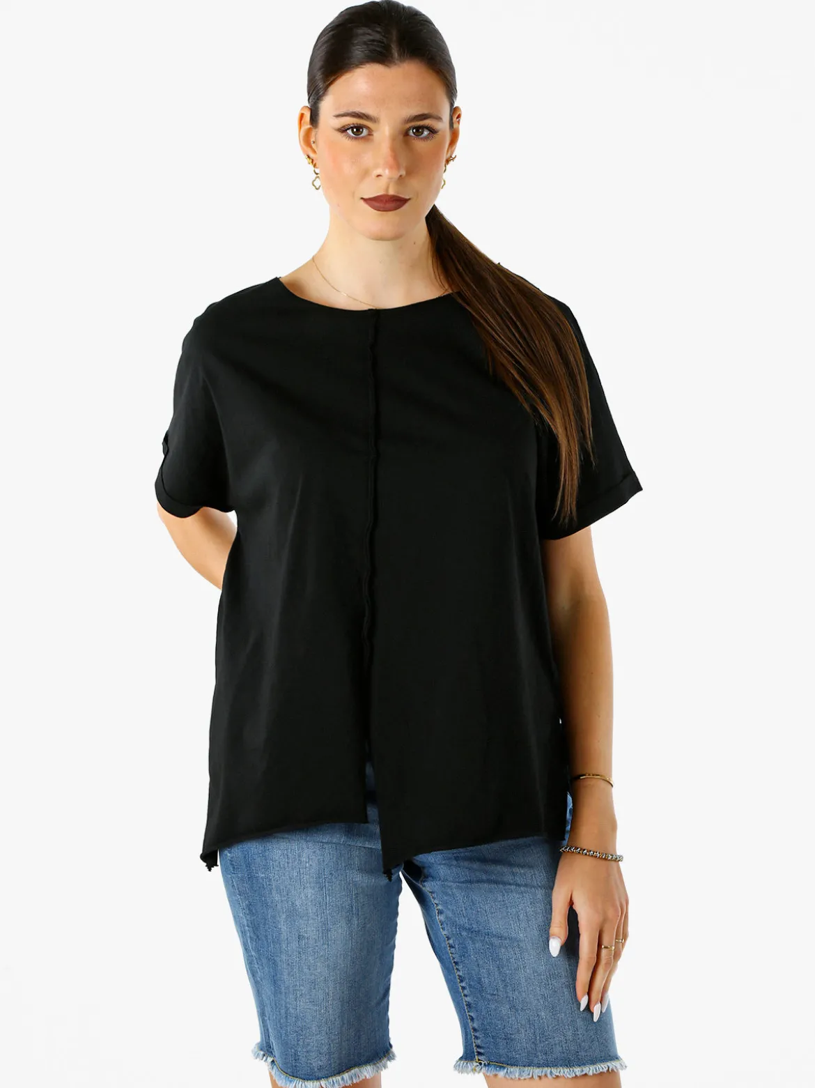 Solada Maxi t-shirt donna in cotone con maniche risvoltate - nero