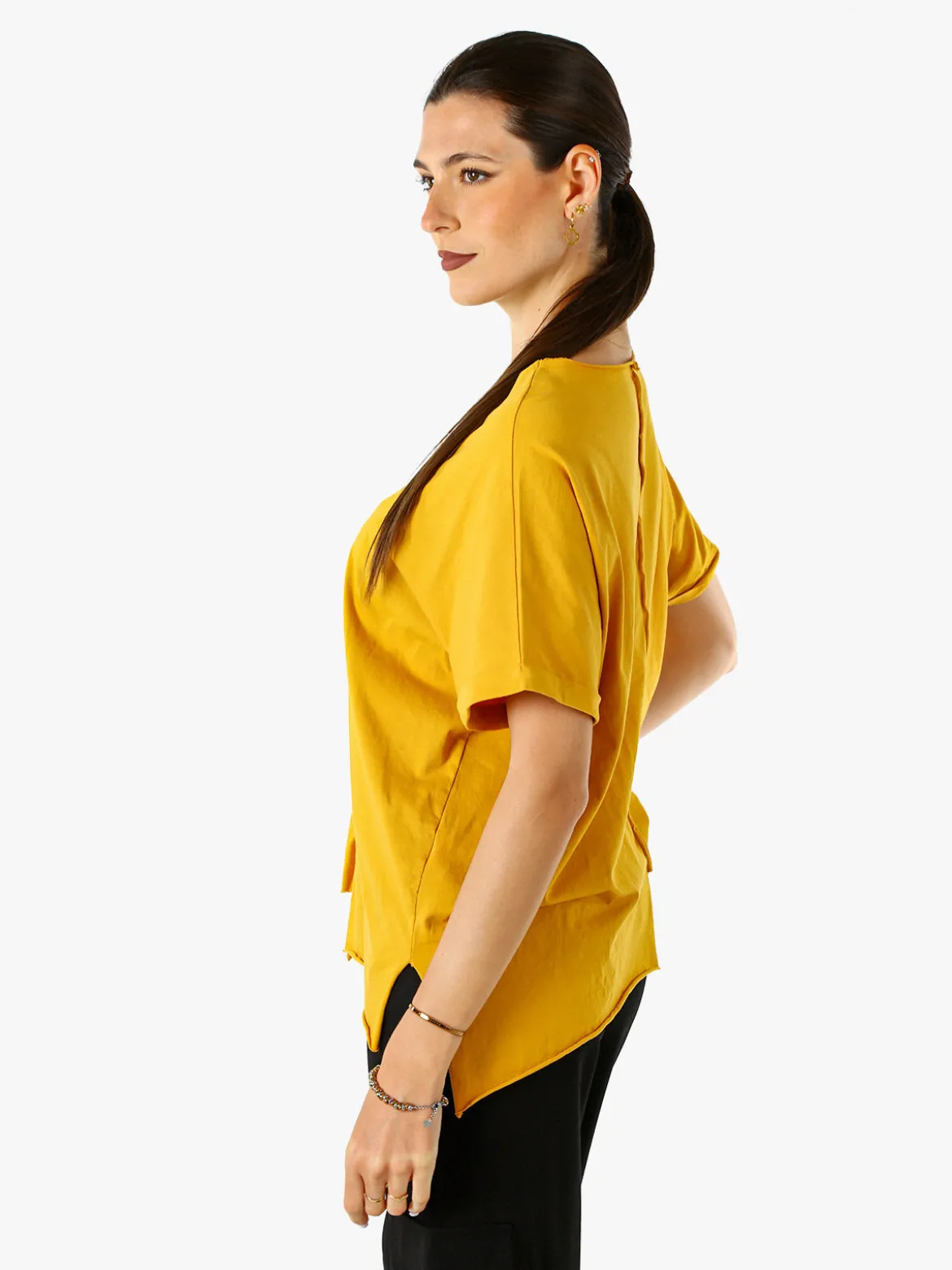 Solada Maxi t-shirt donna in cotone con maniche risvoltate - senape