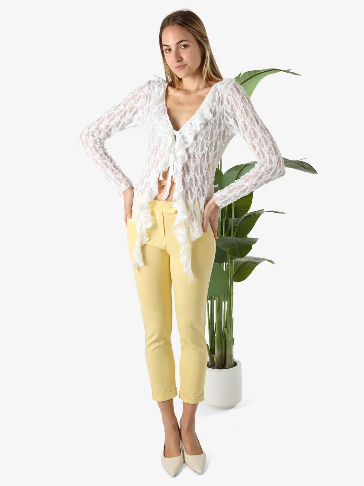 Solada Pantaloni da donna a gamba dritta con risvolto - giallo
