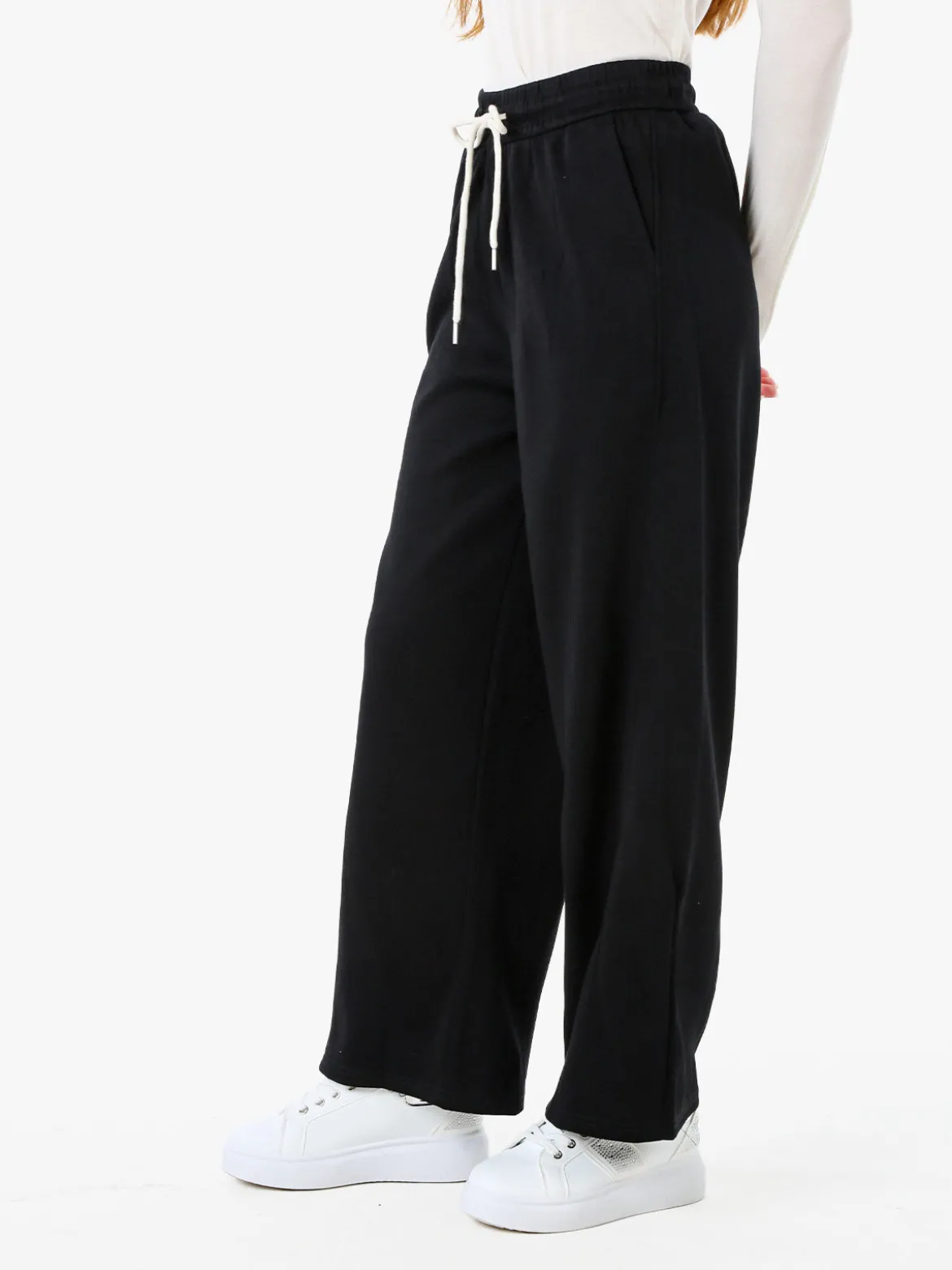 Solada Pantaloni da donna in felpa a gamba larga con coulisse - nero