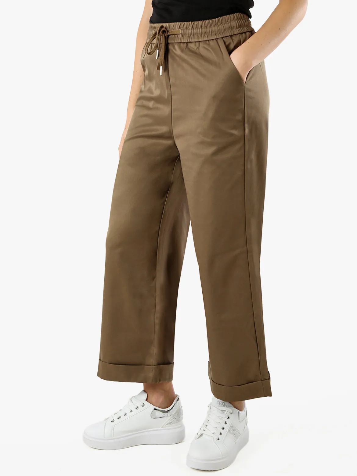 Solada Pantaloni donna a palazzo con risvolto - fango