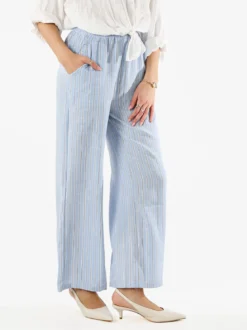 Solada Pantaloni donna a righe in misto lino - azzurro