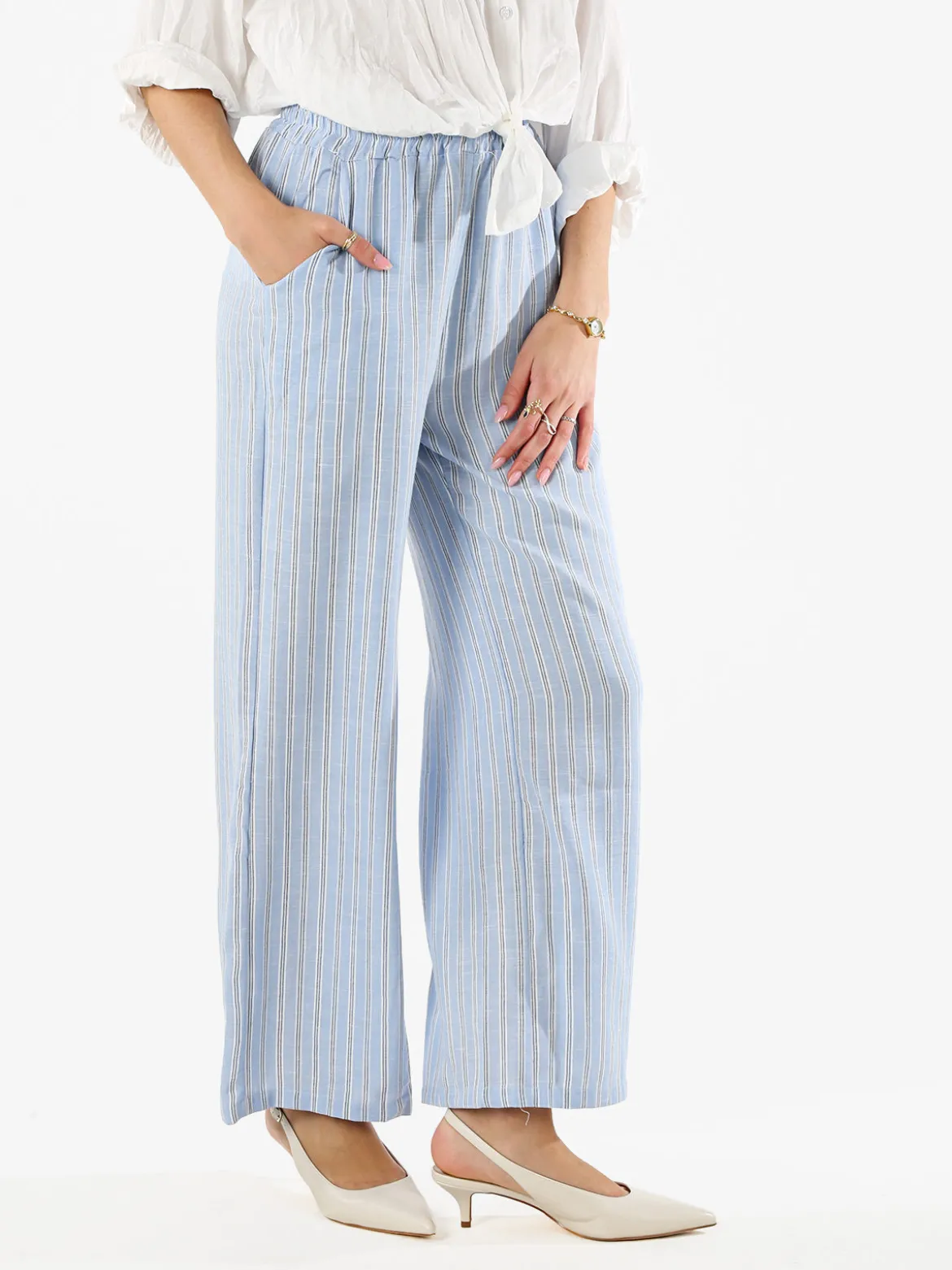 Solada Pantaloni donna a righe in misto lino - azzurro