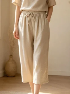 Solada Pantaloni donna cropped a gamba larga con coulisse - beige