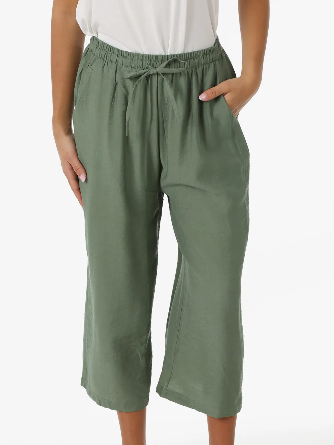 Solada Pantaloni donna cropped a gamba larga con coulisse - militare