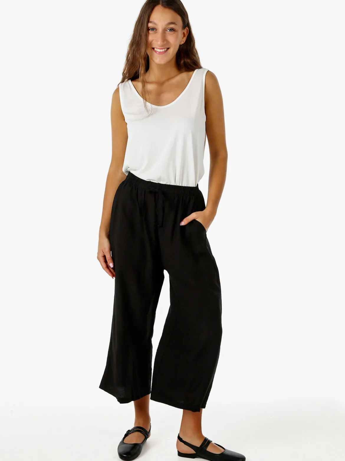 Solada Pantaloni donna cropped a gamba larga con coulisse - nero