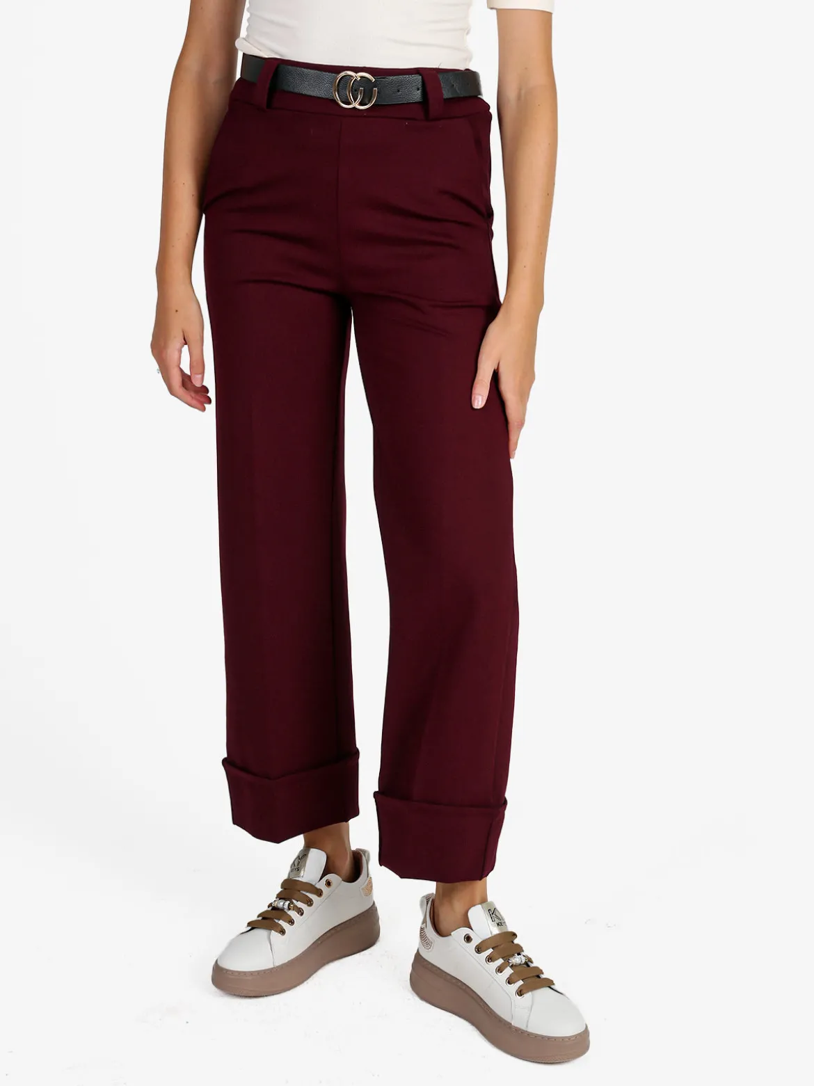 Solada Pantaloni donna culotte con cintura e risvolto sul finale - bordeaux