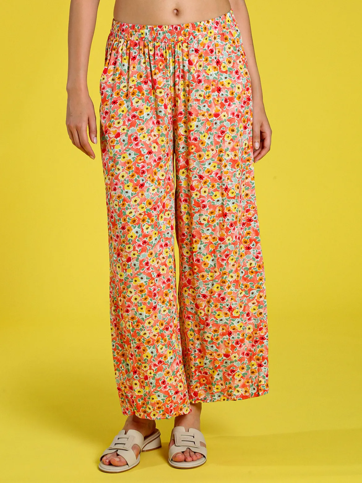 Solada Pantaloni donna floreali a gamba larga in cotone - arancione