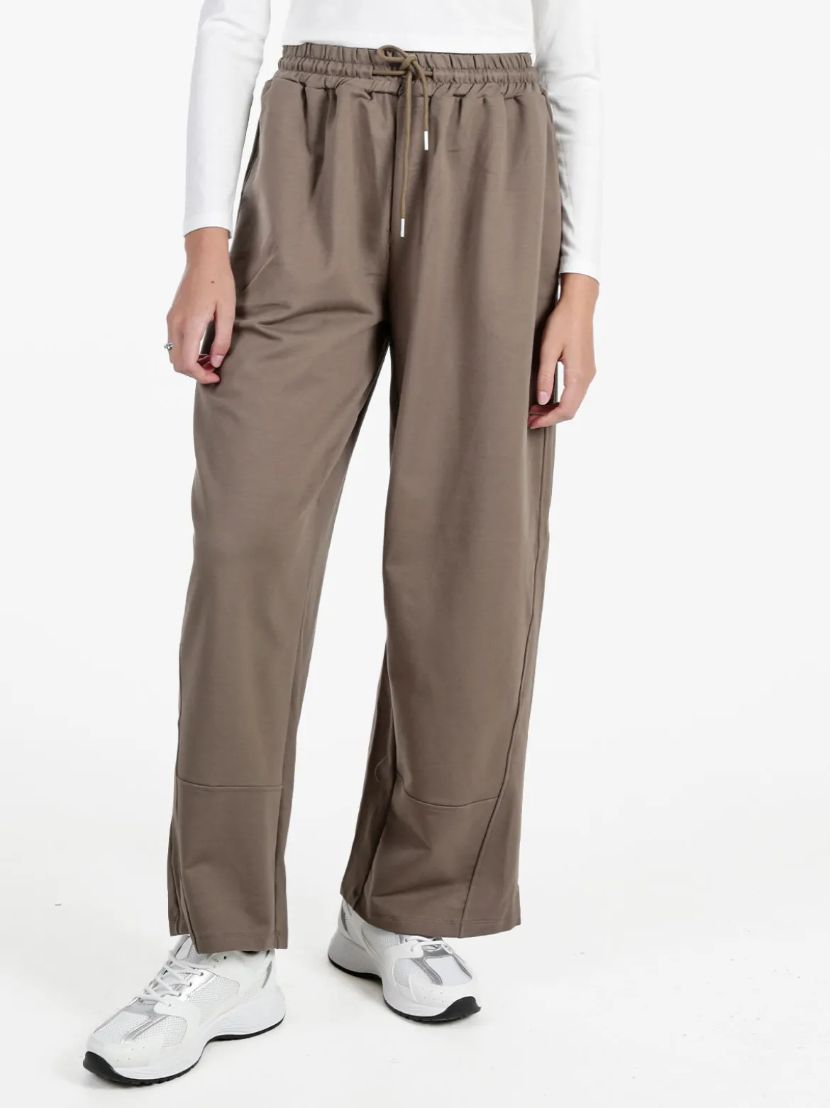 Solada Pantaloni donna in cotone a gamba larga con coulisse - tabacco