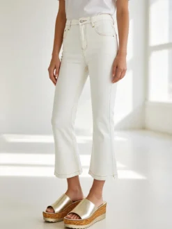 Solada Pantaloni donna jeans cropped a zampa - panna