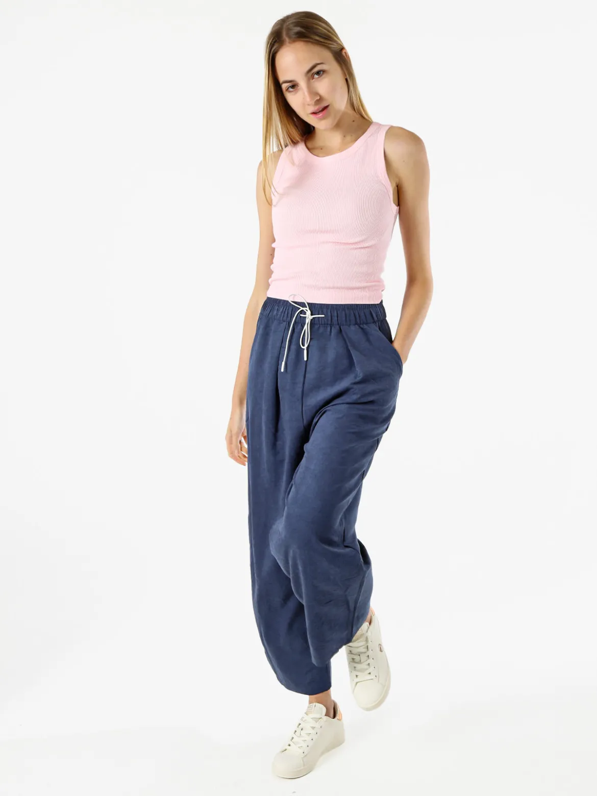 Solada Pantaloni donna leggeri a gamba larga con coulisse - blu scuro