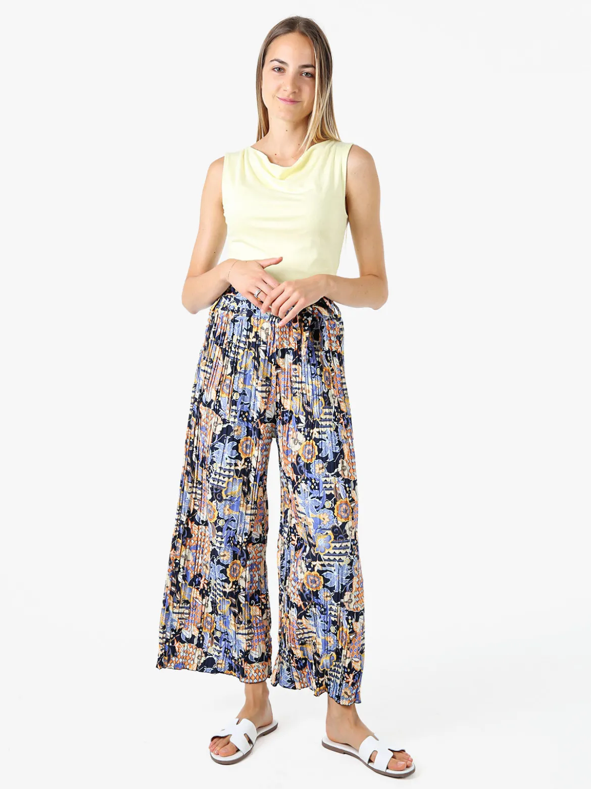 Solada Pantaloni donna plissettati a gamba larga con stampe - blu