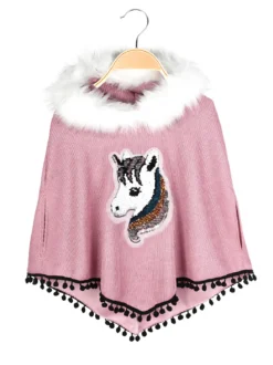 Solada Poncho da bambina con cappuccio e bordo in ecopelliccia