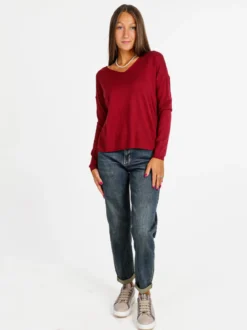 Solada Pullover donna in maglia con scollo a V - bordeaux
