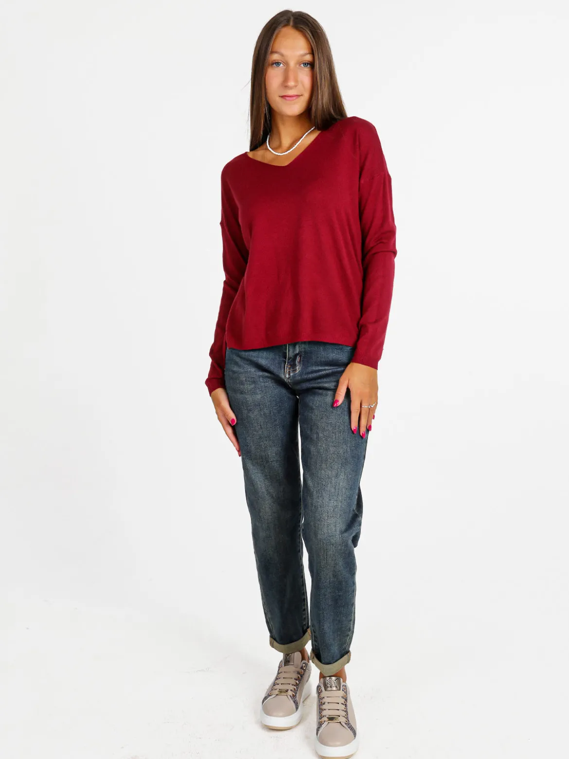 Solada Pullover donna in maglia con scollo a V - bordeaux