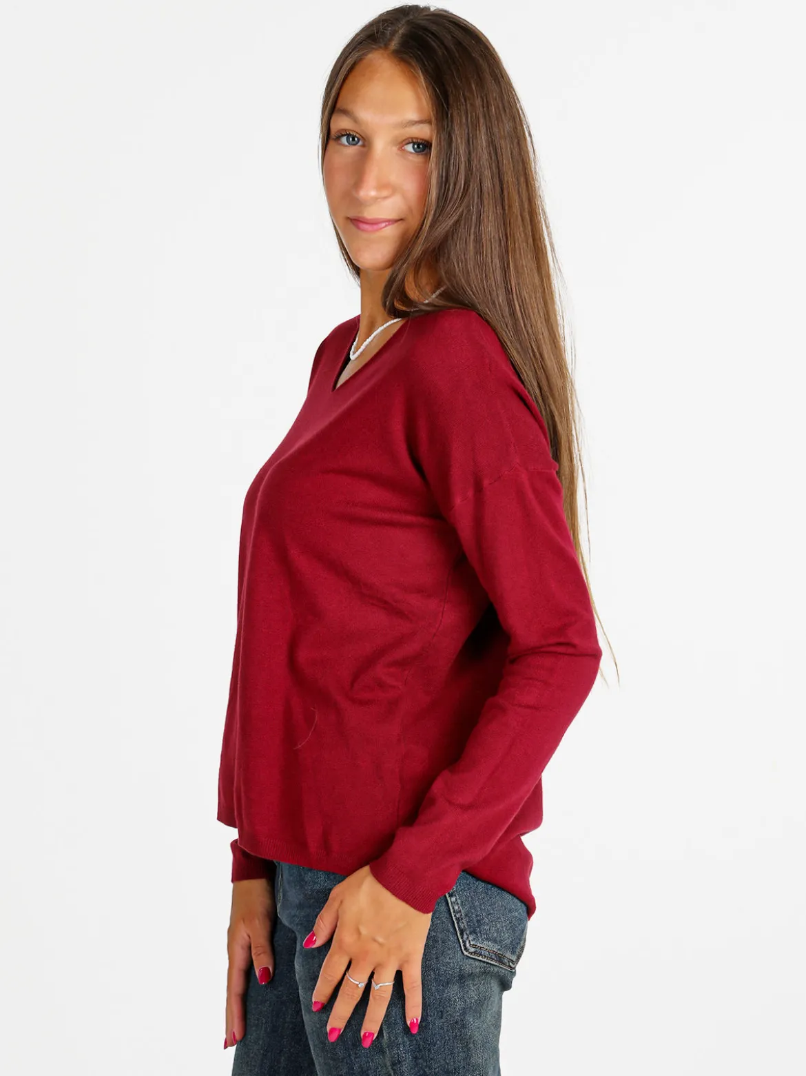 Solada Pullover donna in maglia con scollo a V - bordeaux