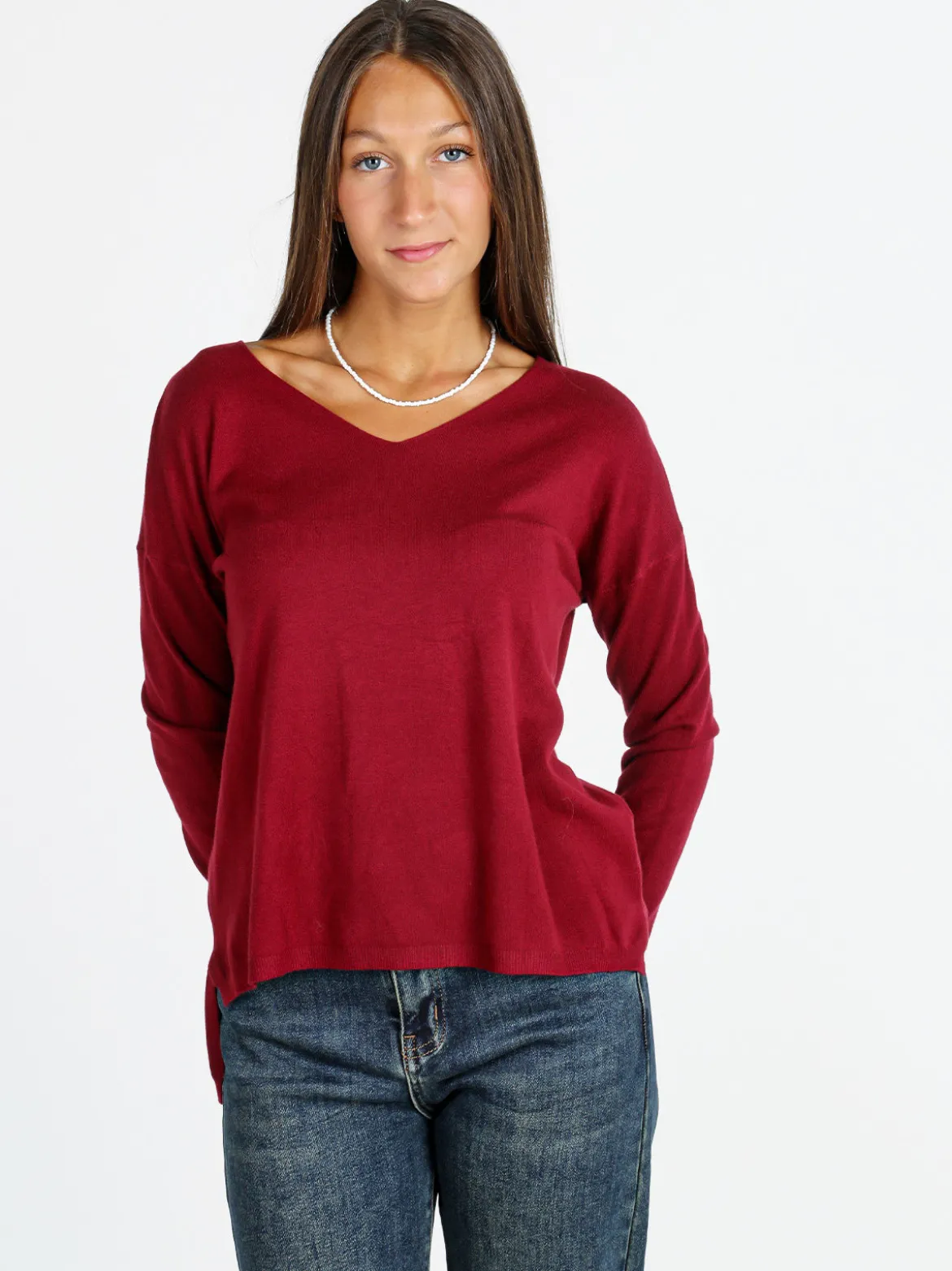 Solada Pullover donna in maglia con scollo a V - bordeaux