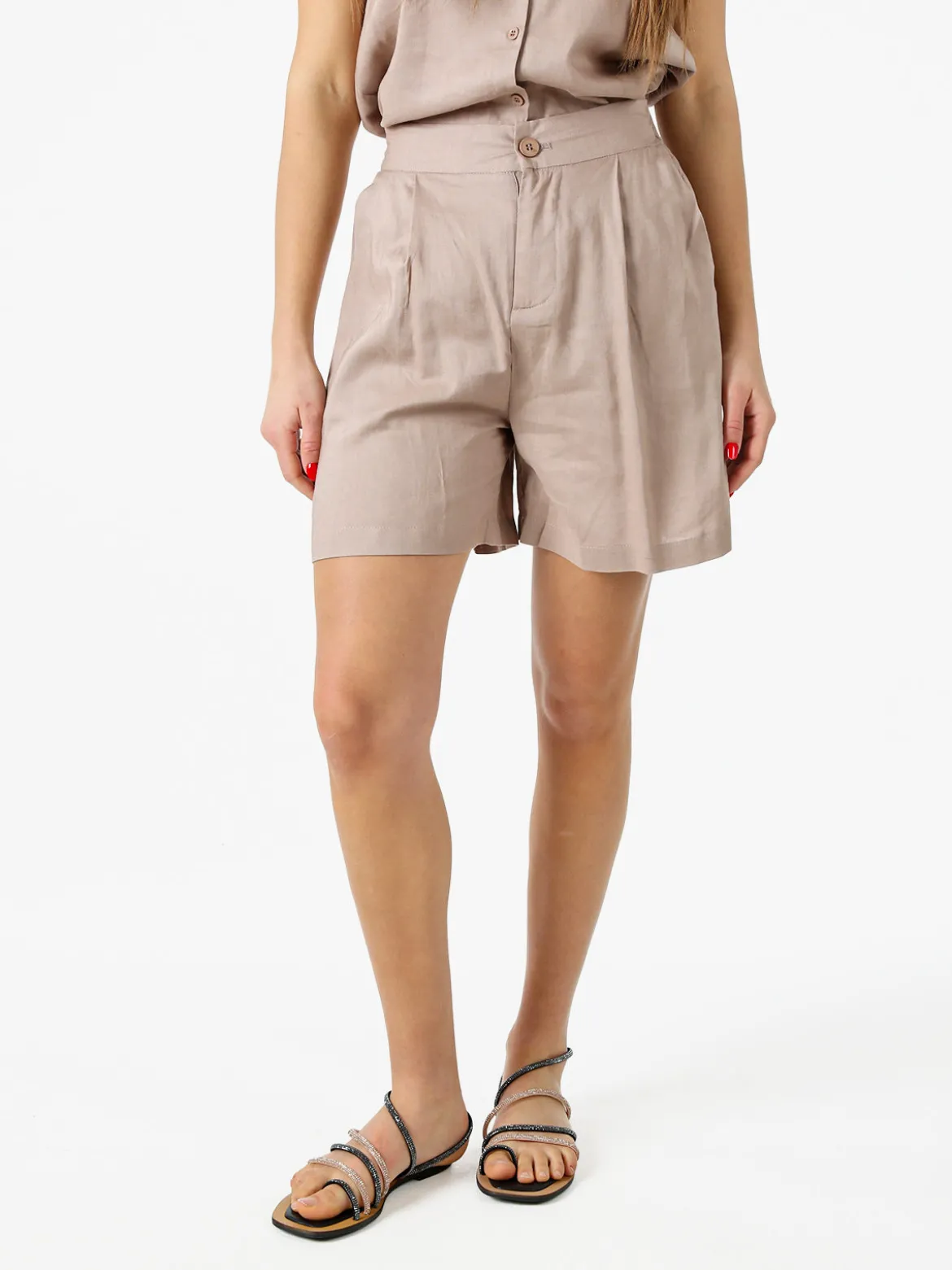 Solada Shorts donna a vita alta in misto lino - khaki