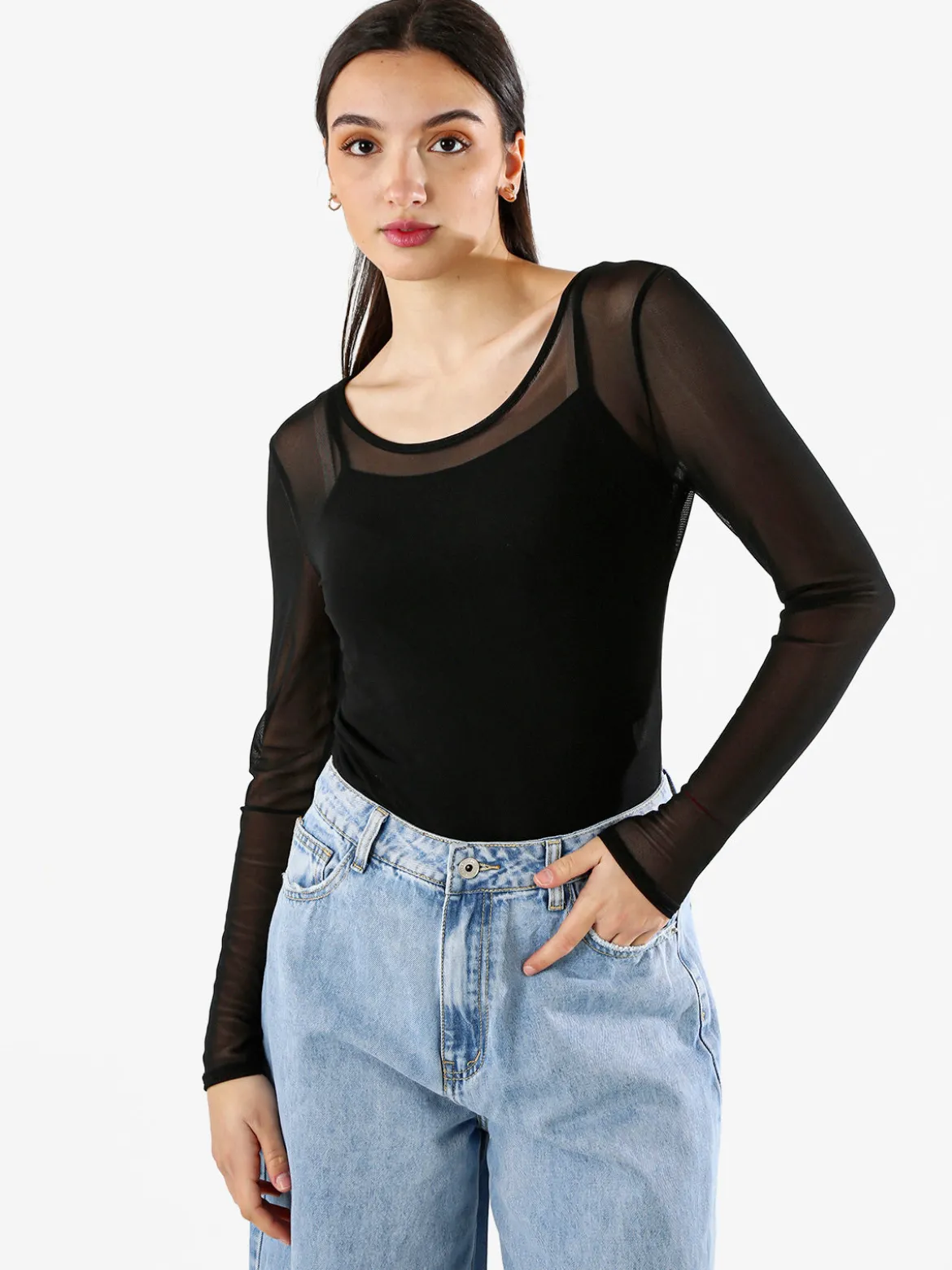 Solada Top body da donna a maniche lunghe in tulle - nero