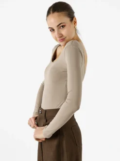 Solada Top body donna a maniche lunghe con scollo davanti e dietro - taupe