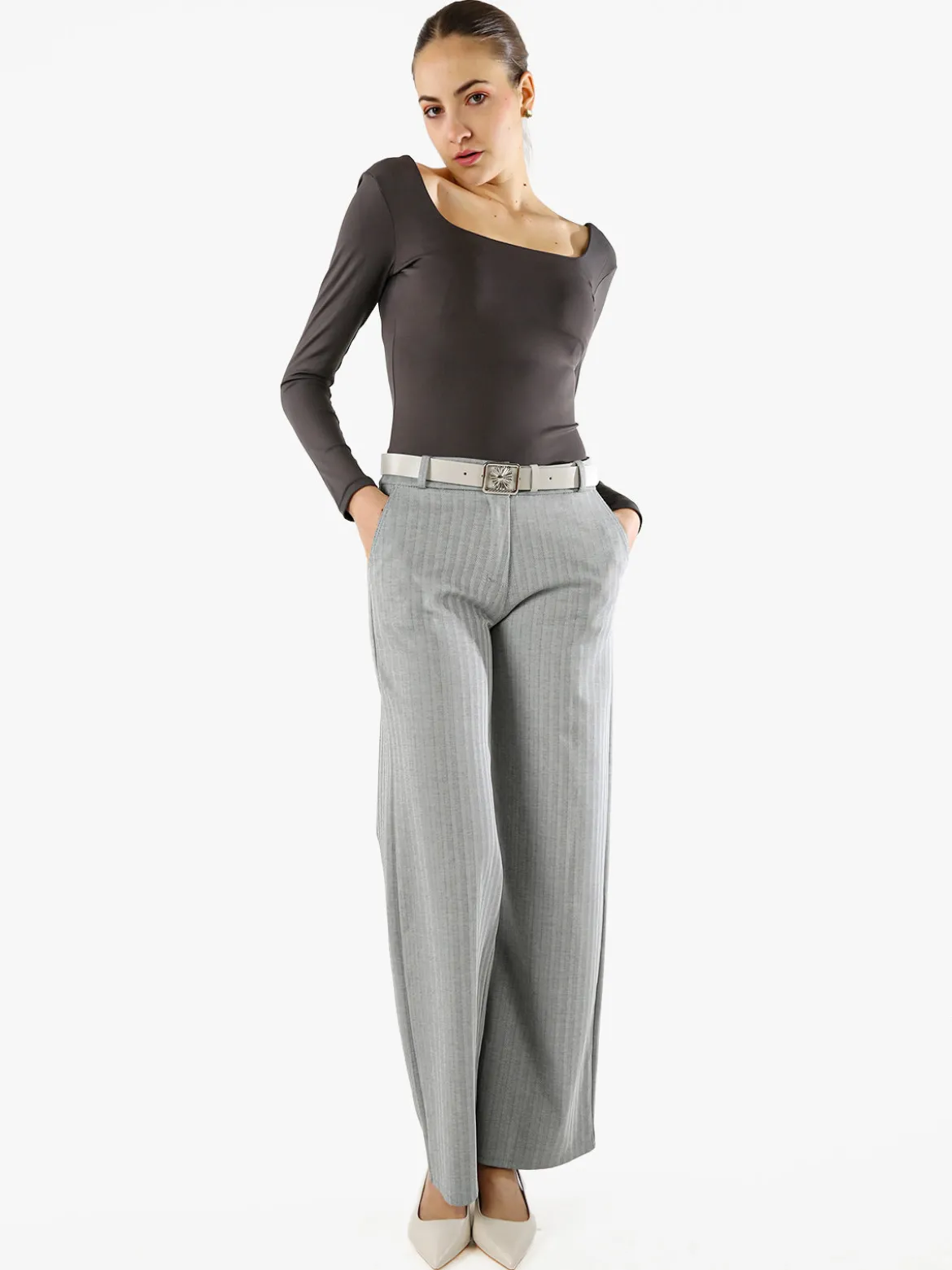 Solada Top body donna a maniche lunghe con scollo davanti e dietro - grigio scuro