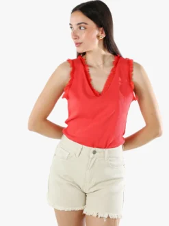 Solada Top donna a costine con scollo a V e bordi sfrangiati - rosso
