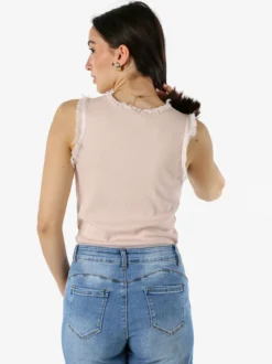 Solada Top donna a costine con scollo a V e bordi sfrangiati - rosa