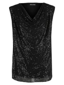 Solada Top donna con paillettes e scollo a cascata linea curvy - nero
