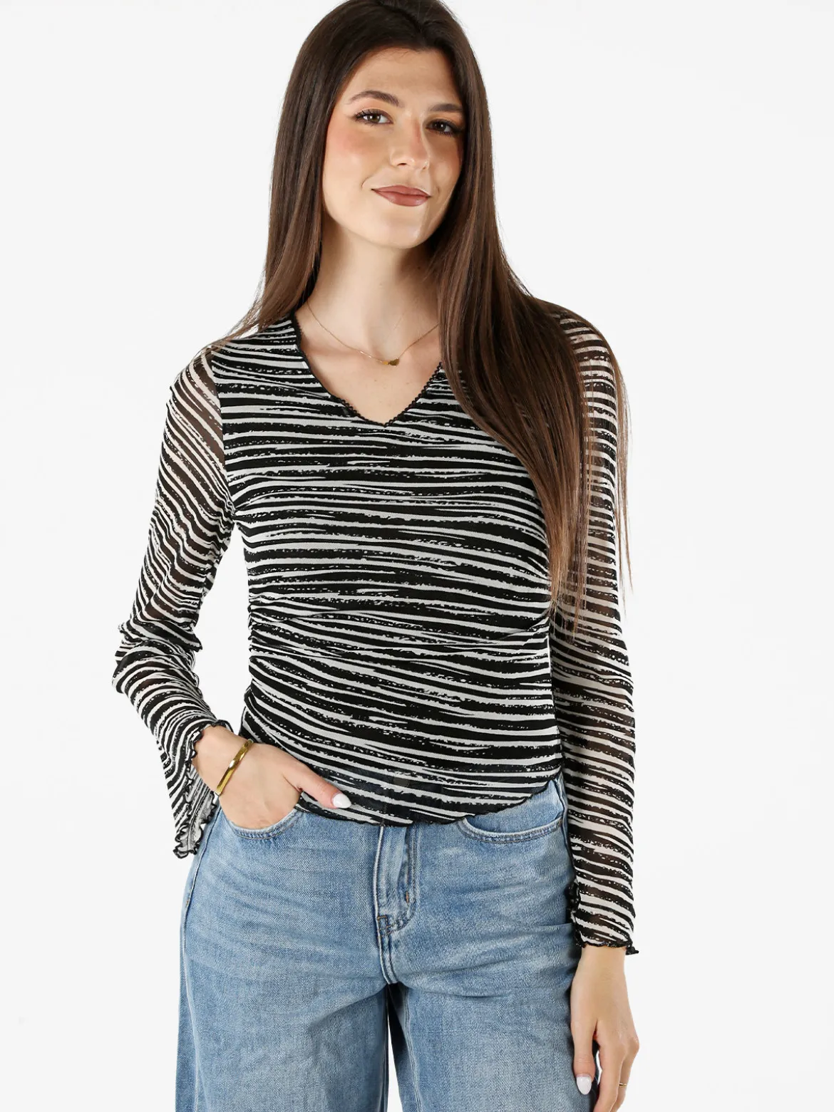 Solada Top donna con scollo a V e maniche lunghe a campana - nero