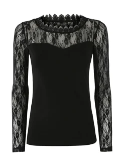 Solada Top donna con scollo e maniche lunghe in pizzo - nero