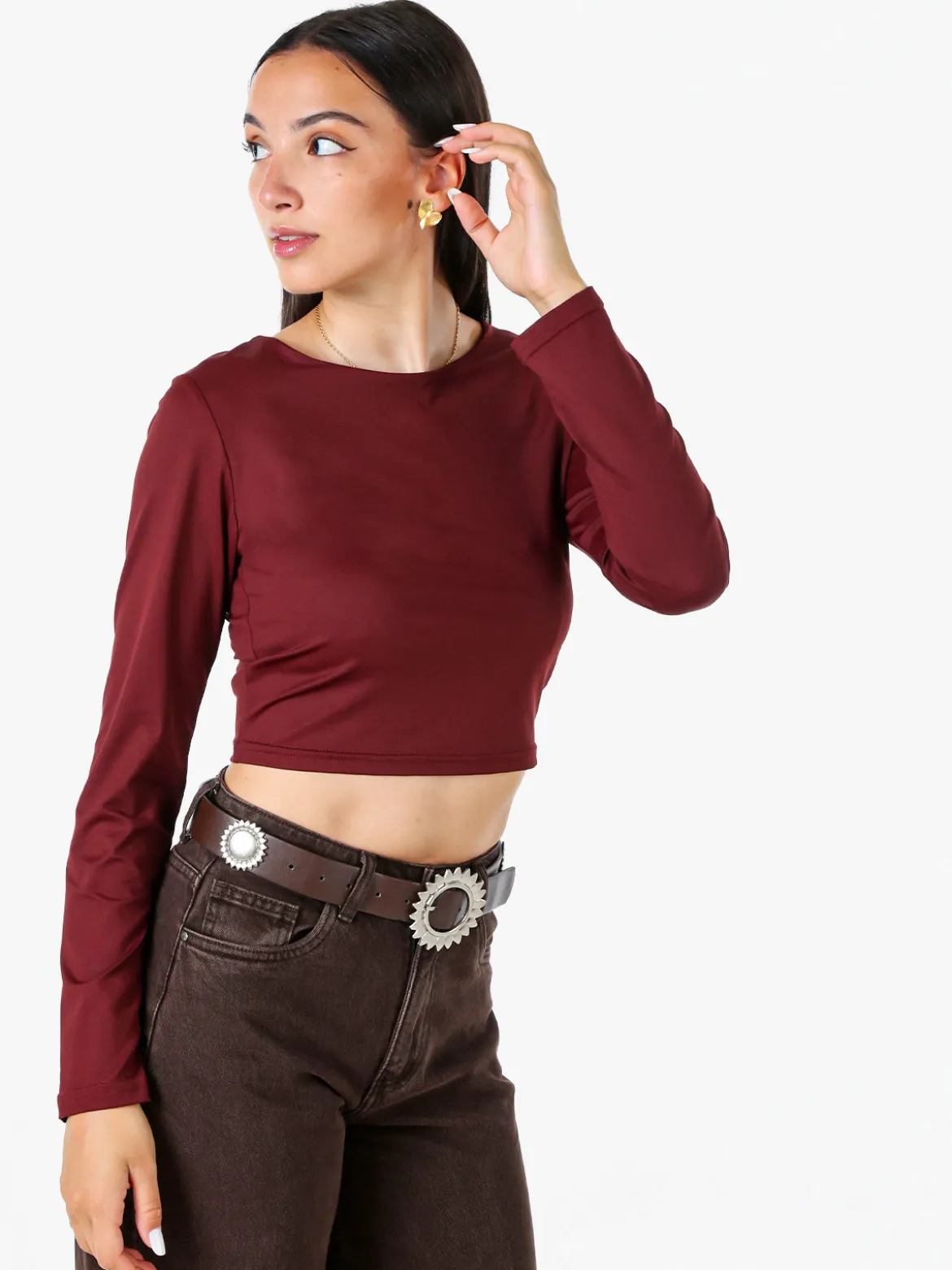 Solada Top donna cropped a maniche lunghe con scollo tondo - bordeaux