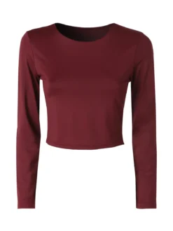 Solada Top donna cropped a maniche lunghe con scollo tondo - bordeaux
