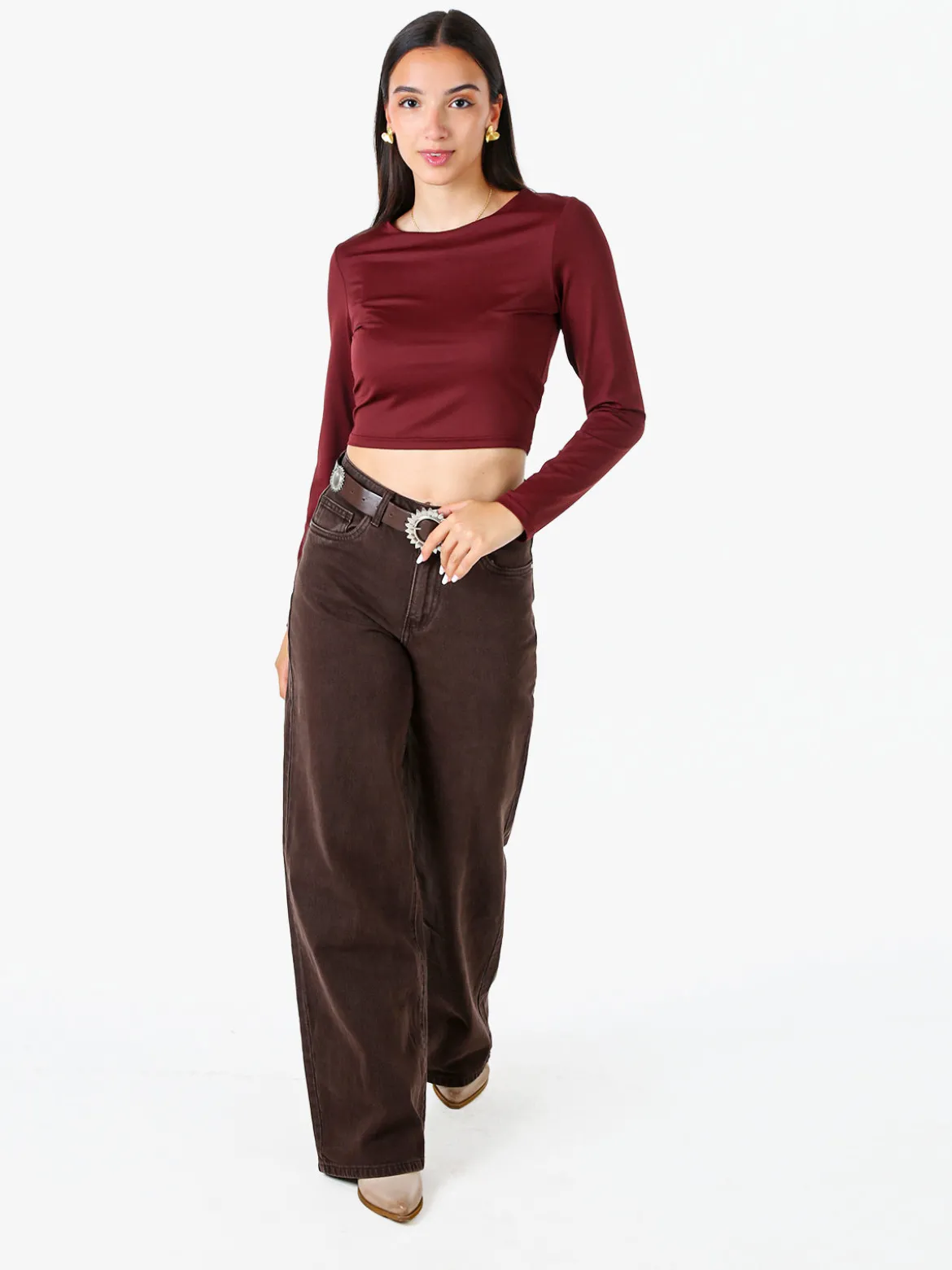 Solada Top donna cropped a maniche lunghe con scollo tondo - bordeaux
