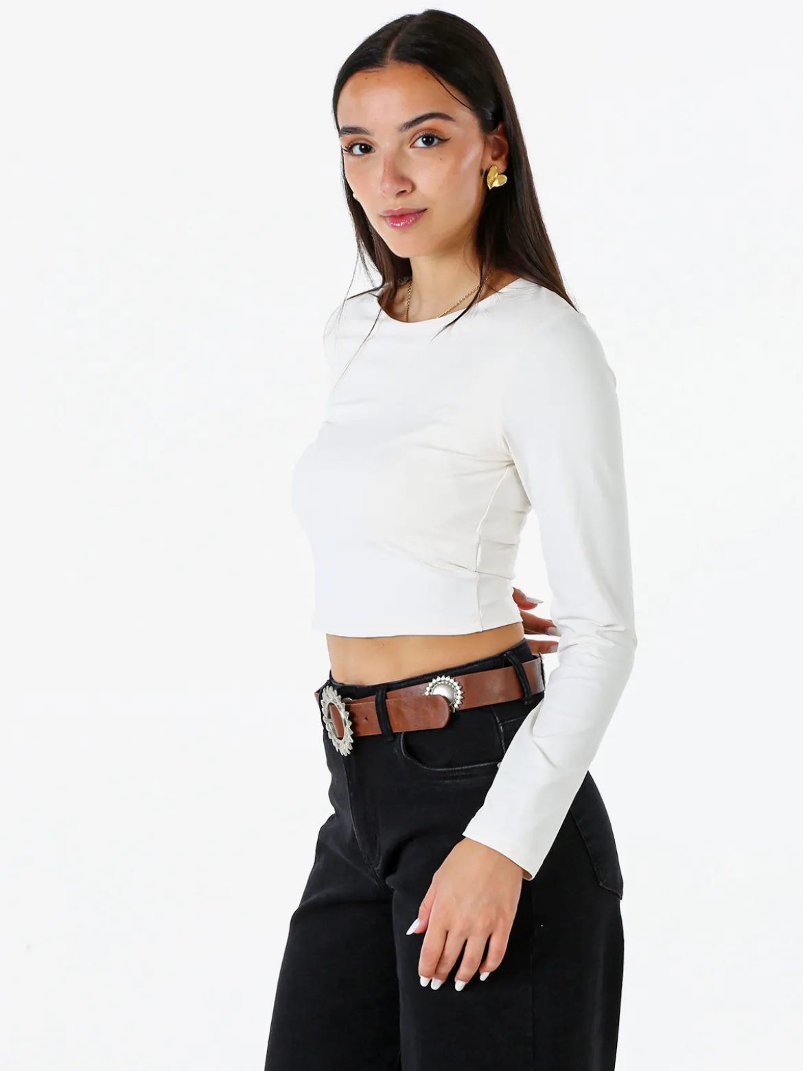 Solada Top donna cropped a maniche lunghe con scollo tondo - bianco