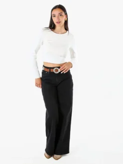 Solada Top donna cropped a maniche lunghe con scollo tondo - bianco