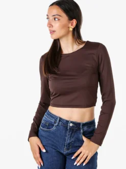 Solada Top donna cropped a maniche lunghe con scollo tondo - moro