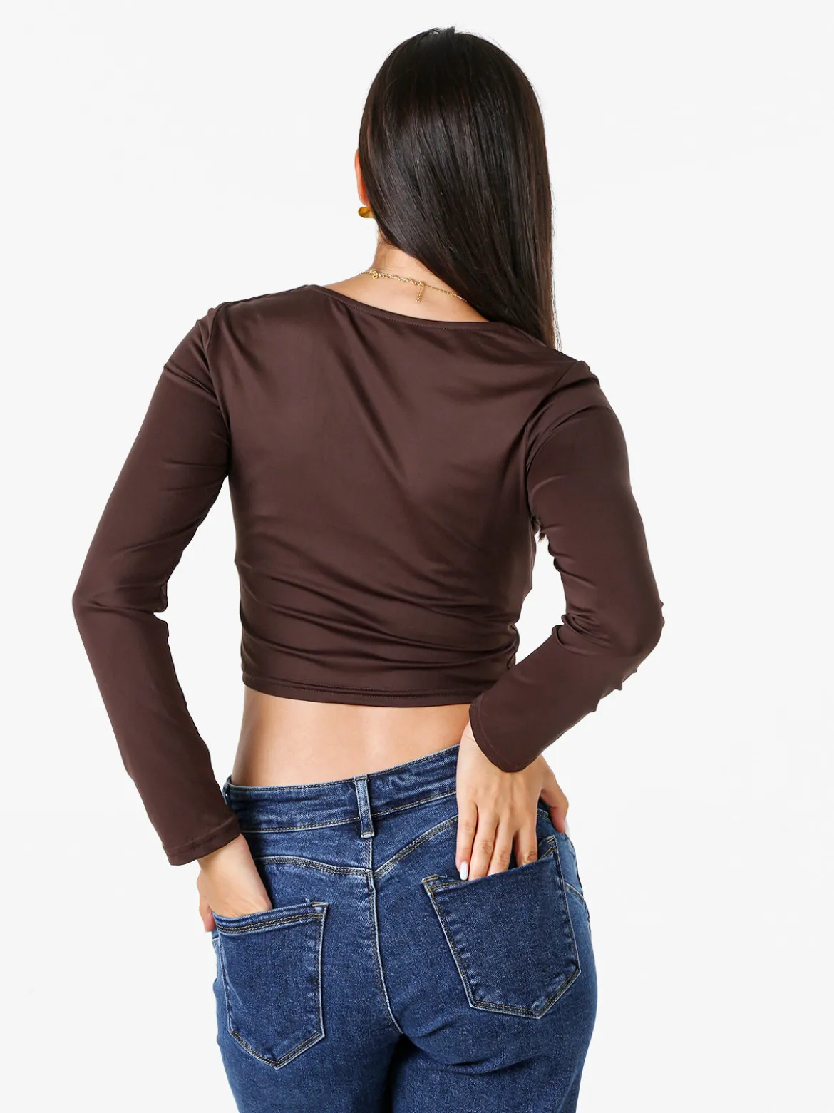 Solada Top donna cropped a maniche lunghe con scollo tondo - moro
