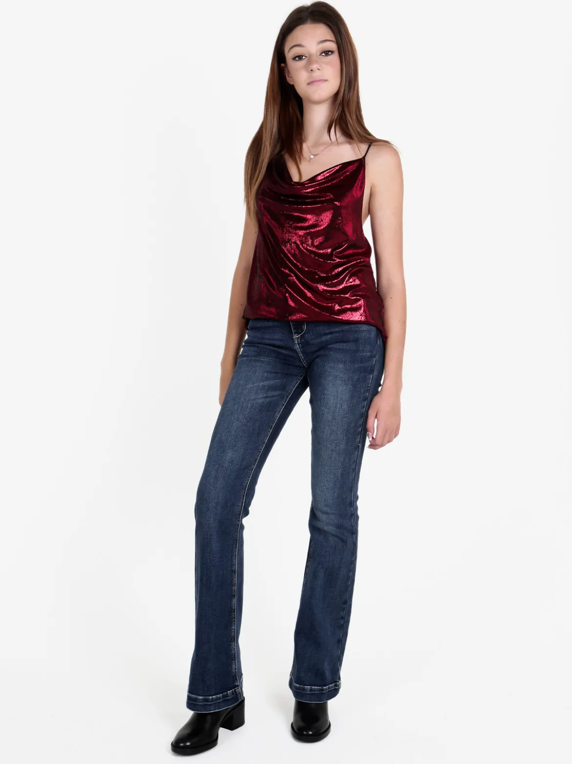 Solada Top donna effetto metallico con scollo a cascata