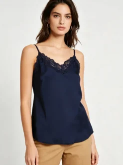 Solada Top donna effetto raso con scollo in pizzo e spalline strette - blu scuro