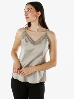 Solada Top donna effetto raso con scollo in pizzo e spalline strette - taupe