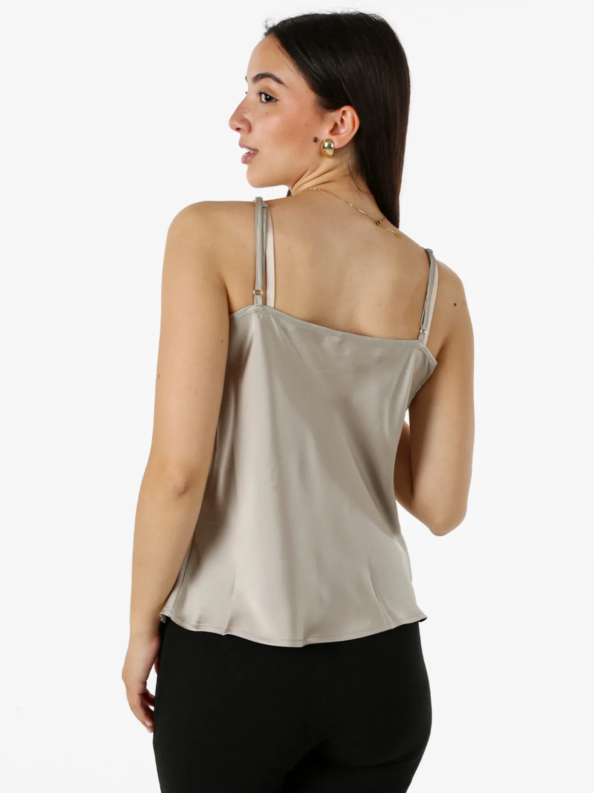 Solada Top donna effetto raso con scollo in pizzo e spalline strette - taupe