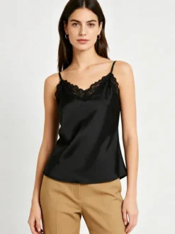 Solada Top donna effetto raso con scollo in pizzo e spalline strette - nero