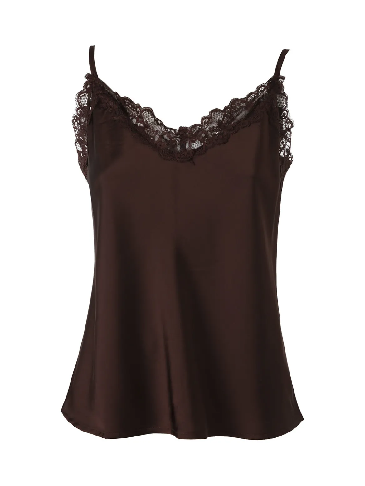Solada Top donna effetto raso con scollo in pizzo e spalline strette - moro